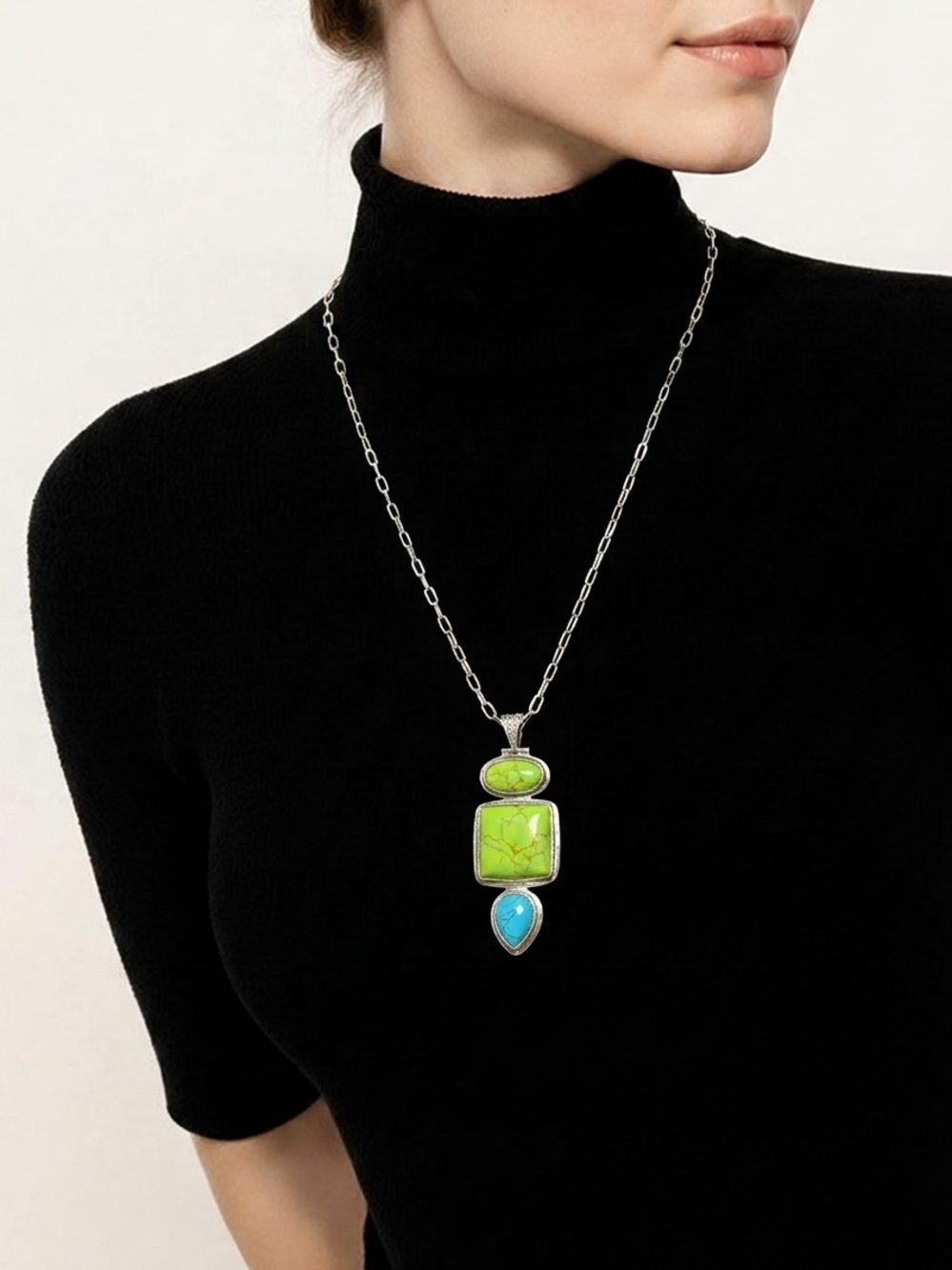 Vintage 90s Deadstock 925 Sterling Silver Lime Green Blue Turquoise Pendant Neck